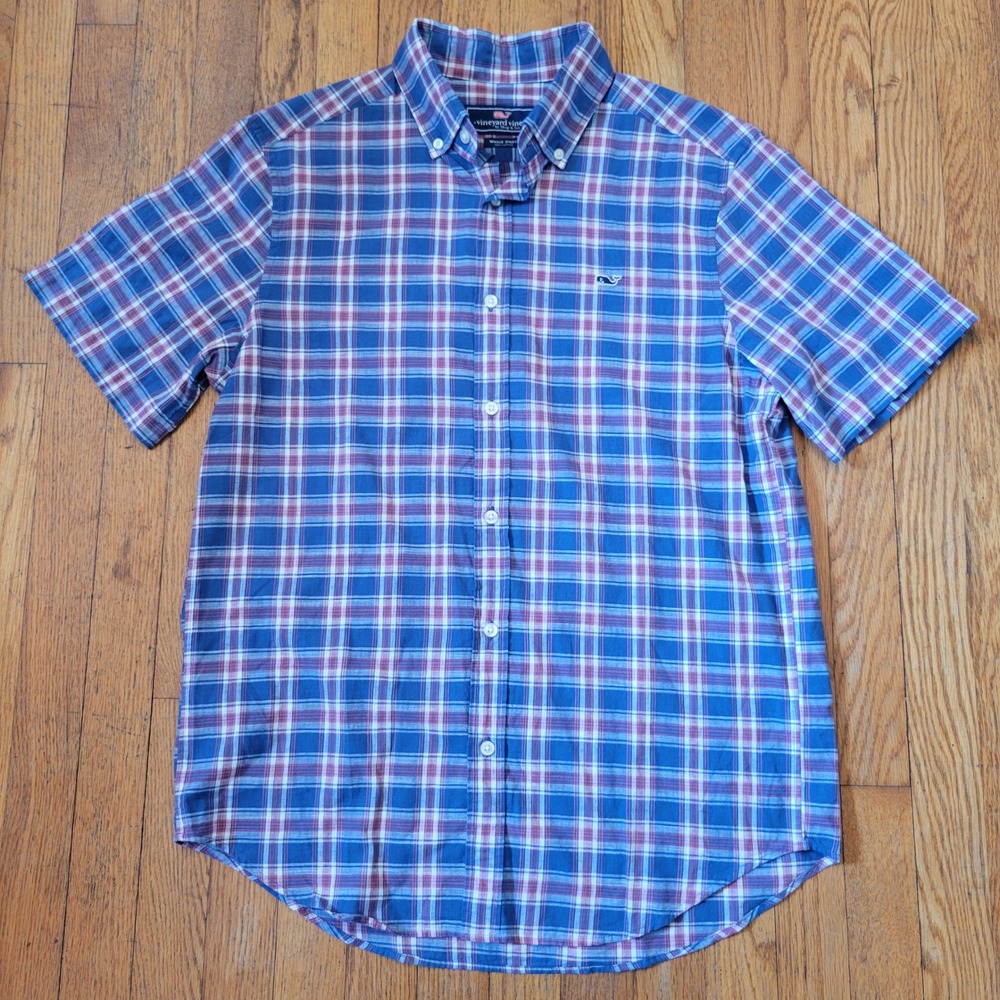 Vineyard Vines M Blue Red Plaid Short Sleeve Whale Shirt Summer Preppy Coastal